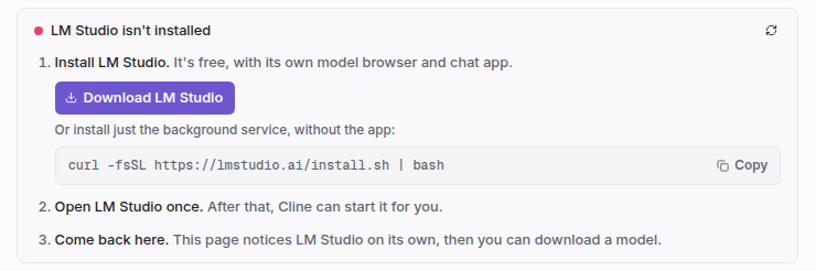 LM Studio isn't installed, with a Download LM Studio button, the command to install only the background service, and steps to open LM Studio once and come back