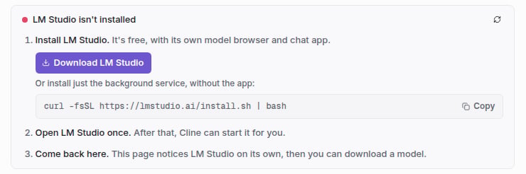 LM Studio isn't installed, with a Download LM Studio button, the command to install only the background service, and steps to open LM Studio once and come back