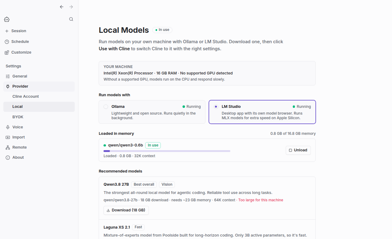 Cline Desktop Provider settings with Local selected, showing the machine summary, LM Studio selected and running, a loaded model, and recommended models