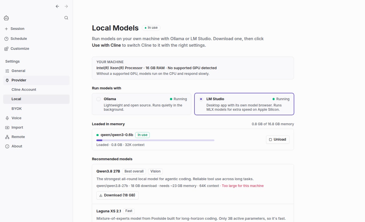 Cline Desktop Provider settings with Local selected, showing the machine summary, LM Studio selected and running, a loaded model, and recommended models
