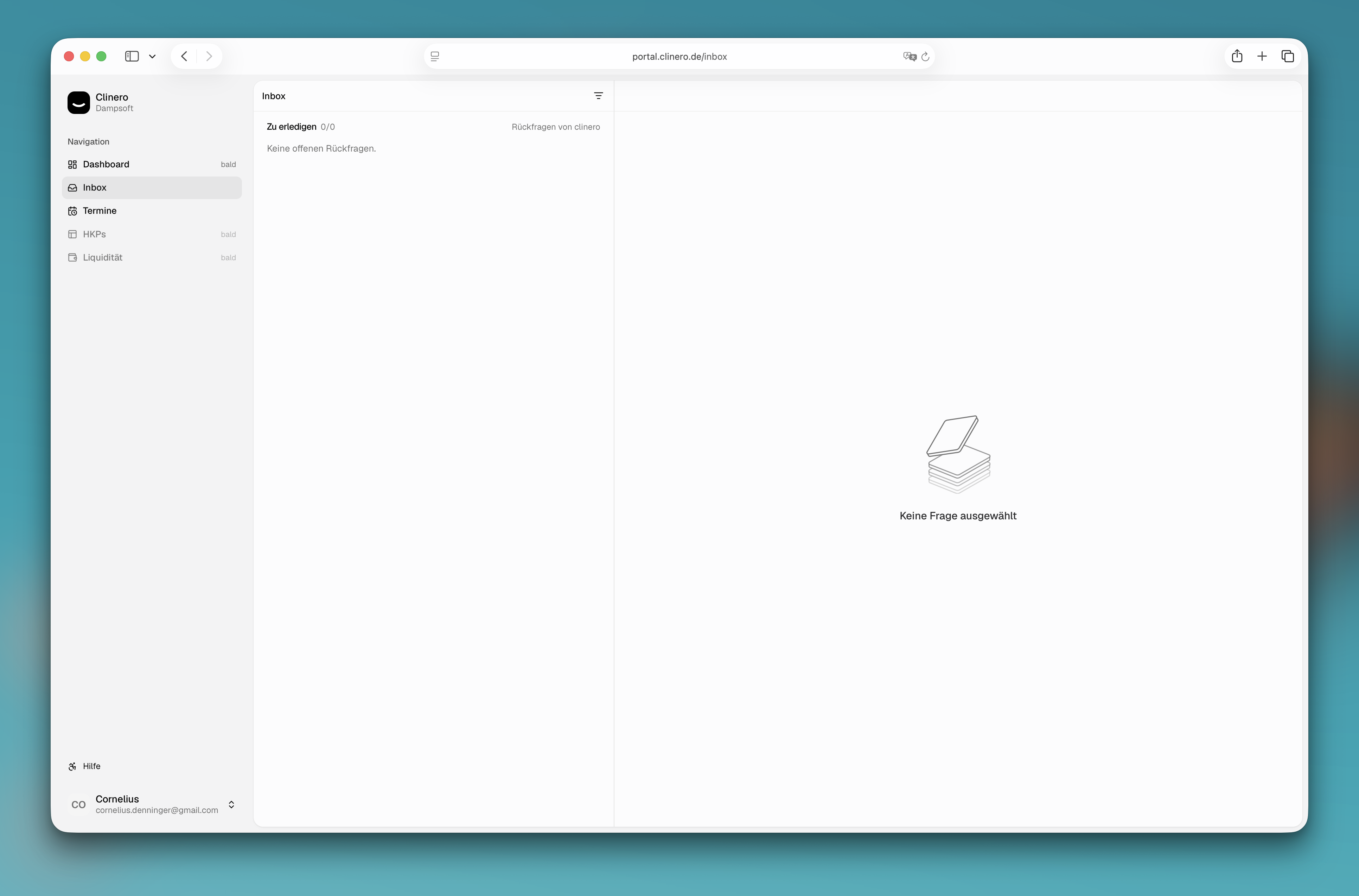 Clinero Inbox mit Navigation, leerer Fragenliste und Detailansicht