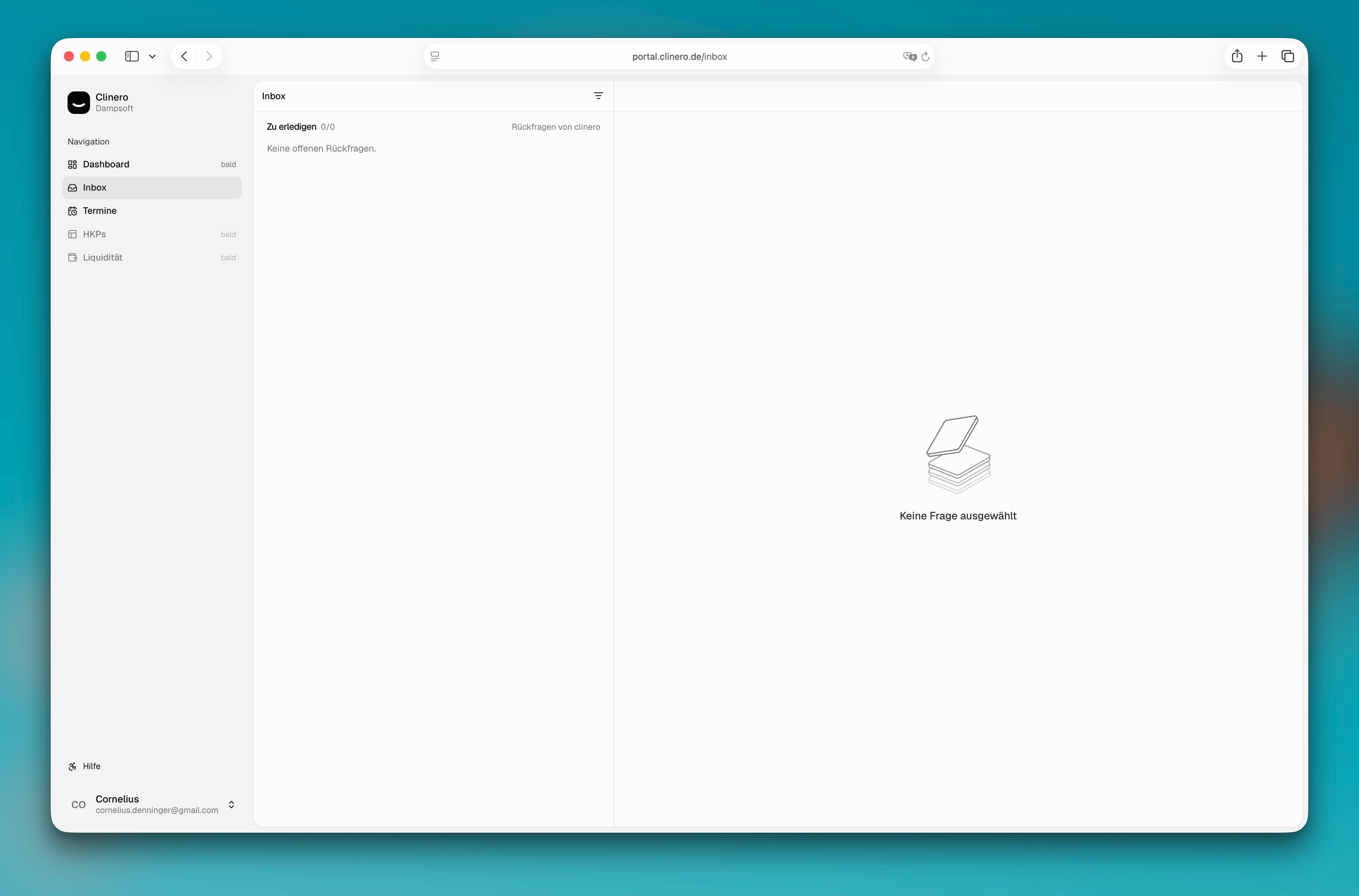 Clinero Inbox mit Navigation, leerer Fragenliste und Detailansicht