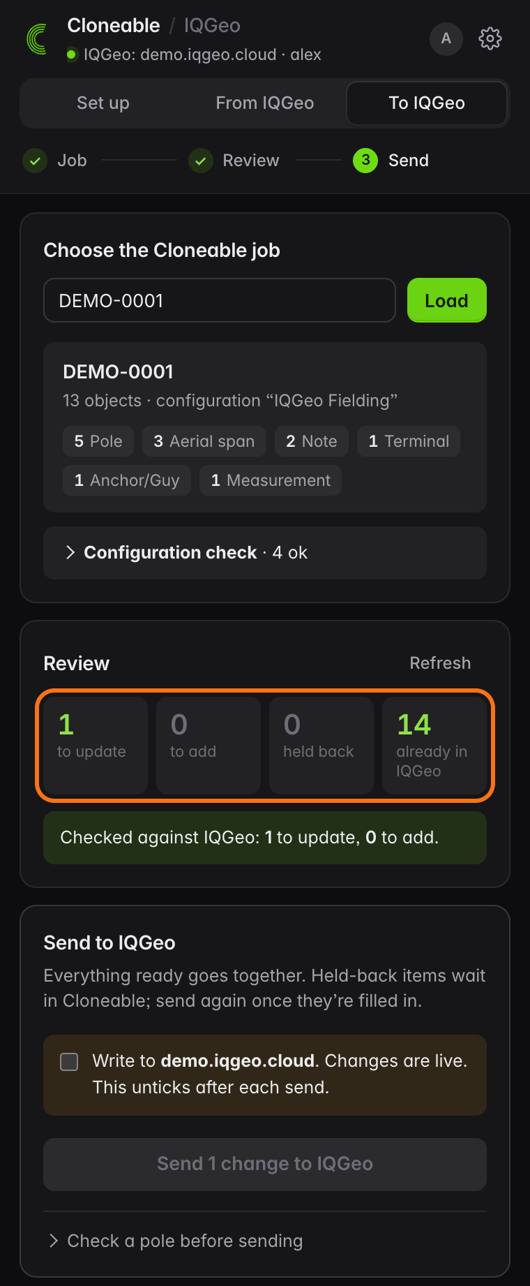 To IQGeo tab with job DEMO-0001 loaded, review cards showing 1 to update, 0 to add, 0 held back and 14 already in IQGeo, and the Send section with the Changes are live checkbox