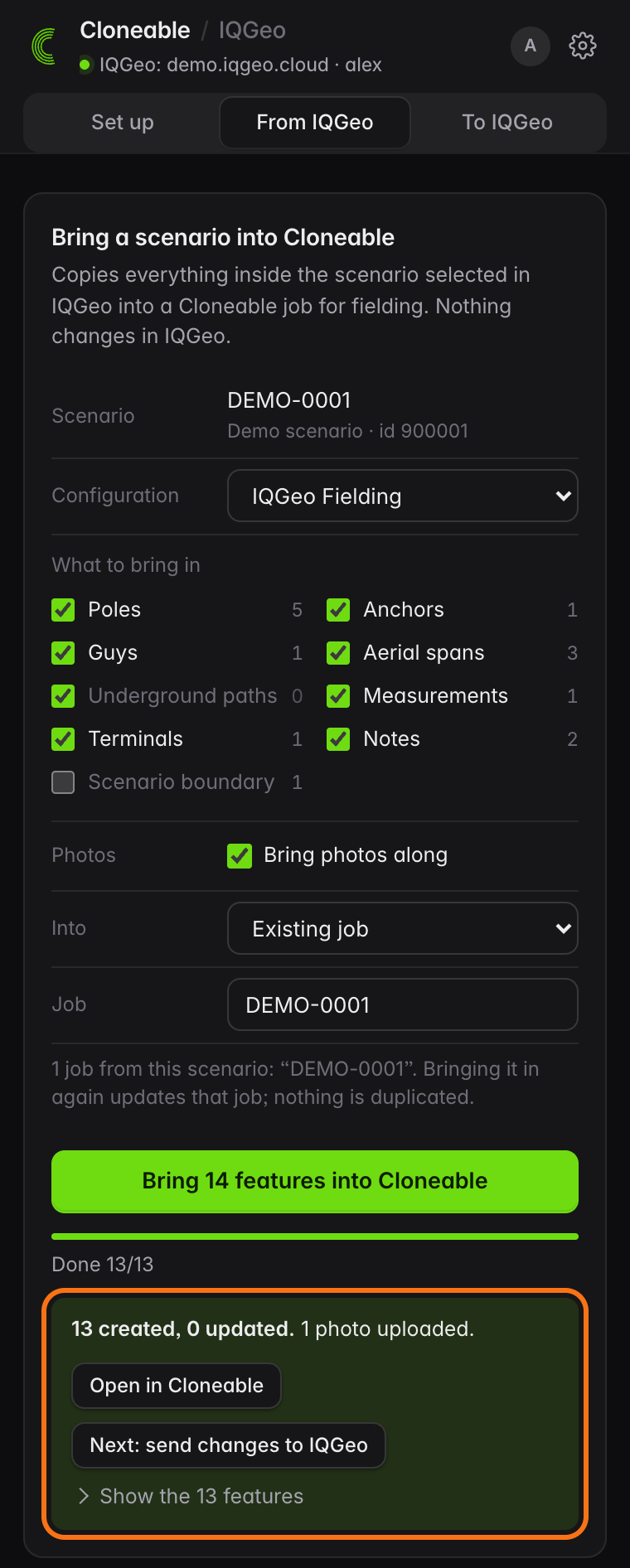 Import result saying 13 created, 0 updated, 1 photo uploaded, with Open in Cloneable and Next: send changes to IQGeo buttons