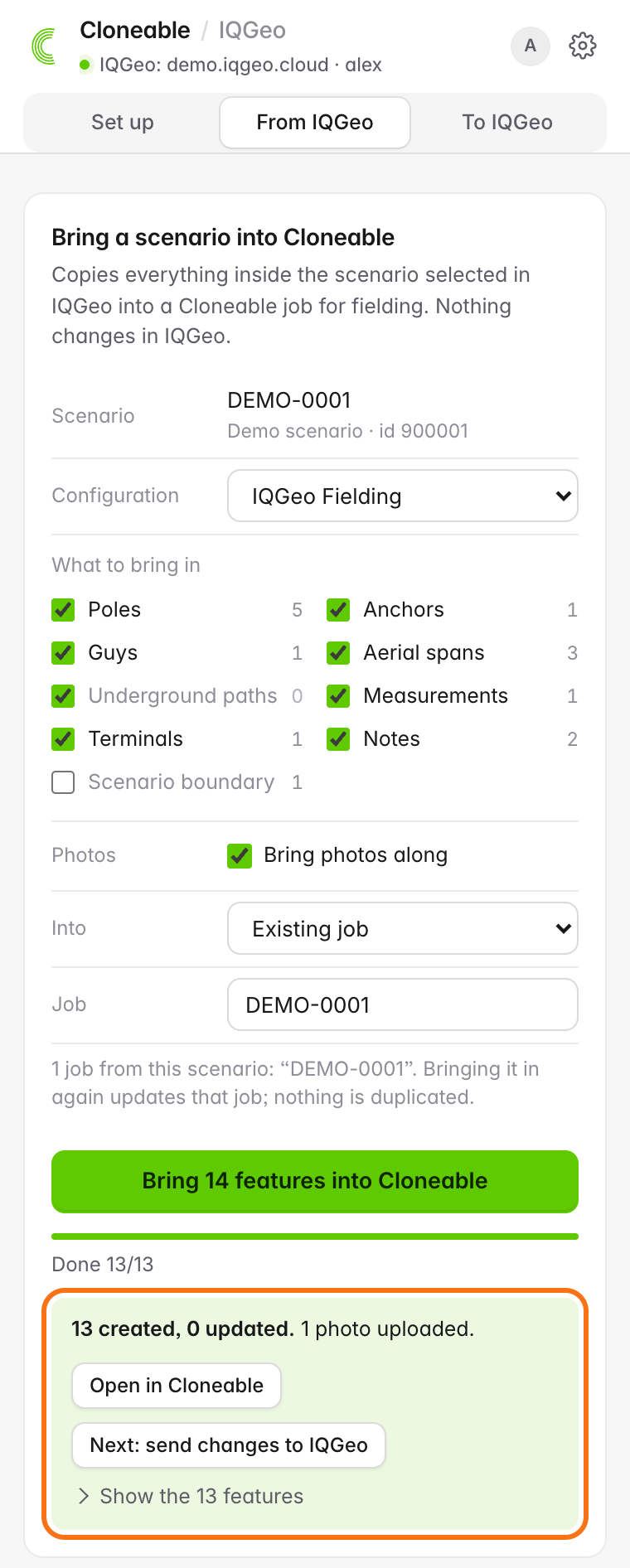 Import result saying 13 created, 0 updated, 1 photo uploaded, with Open in Cloneable and Next: send changes to IQGeo buttons