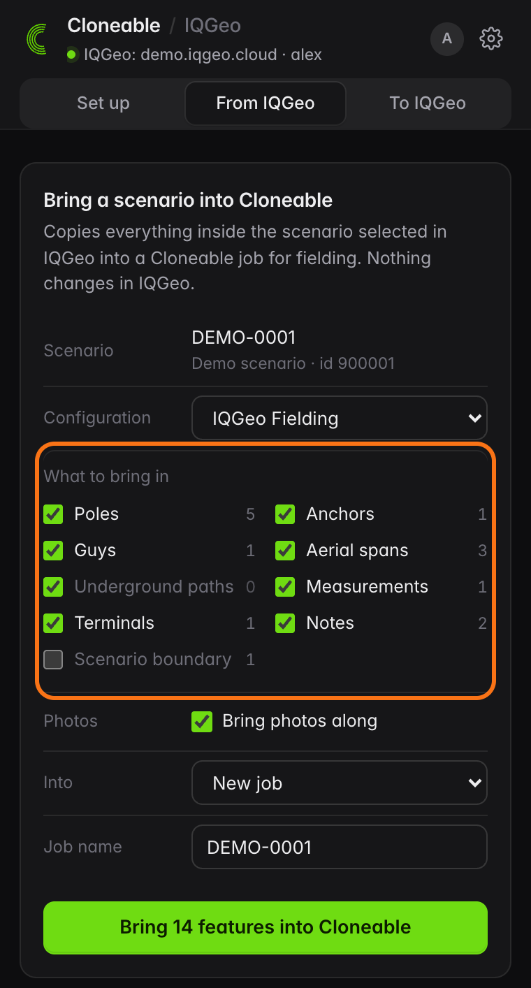 From IQGeo tab with scenario DEMO-0001 selected, the IQGeo Fielding configuration chosen, and a count next to each feature type under What to bring in