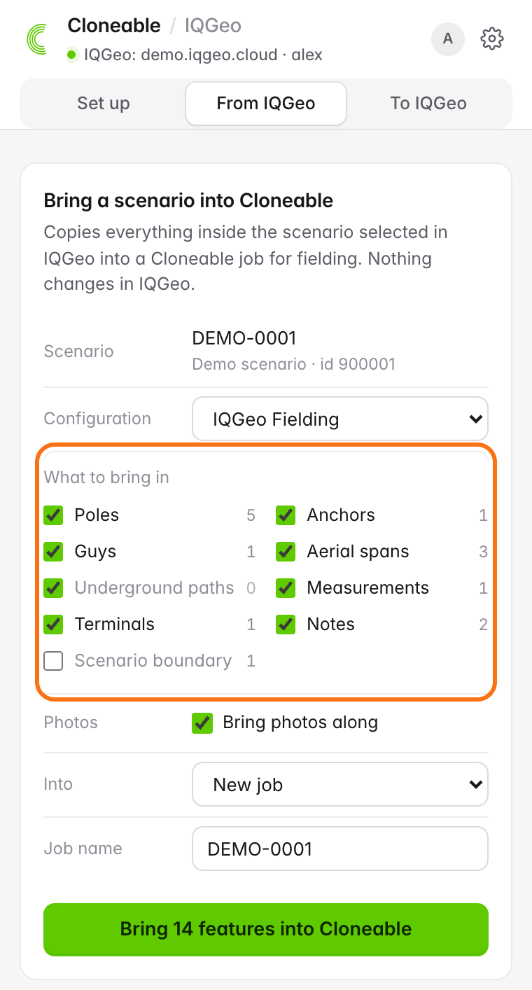 From IQGeo tab with scenario DEMO-0001 selected, the IQGeo Fielding configuration chosen, and a count next to each feature type under What to bring in