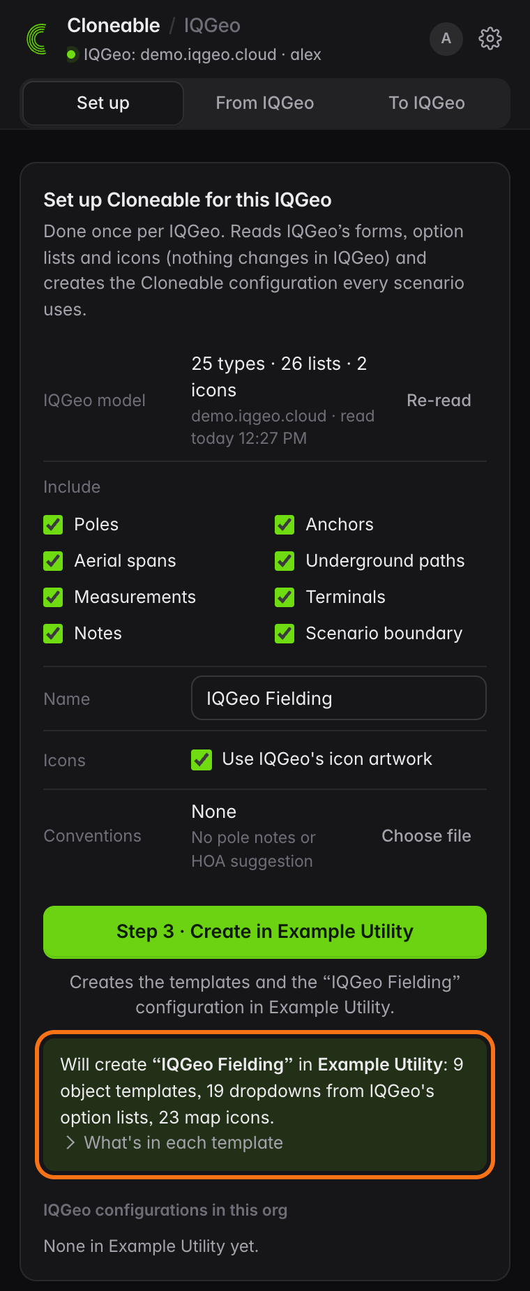 Set up tab after the check, saying it will create the IQGeo Fielding configuration with object templates, dropdowns and map icons, and the Step 3 Create button