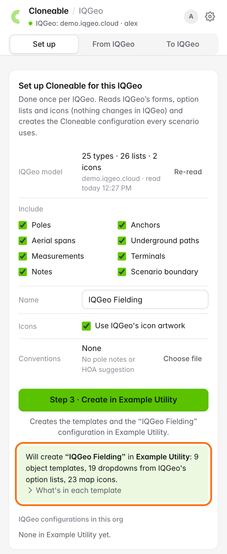 Set up tab after the check, saying it will create the IQGeo Fielding configuration with object templates, dropdowns and map icons, and the Step 3 Create button