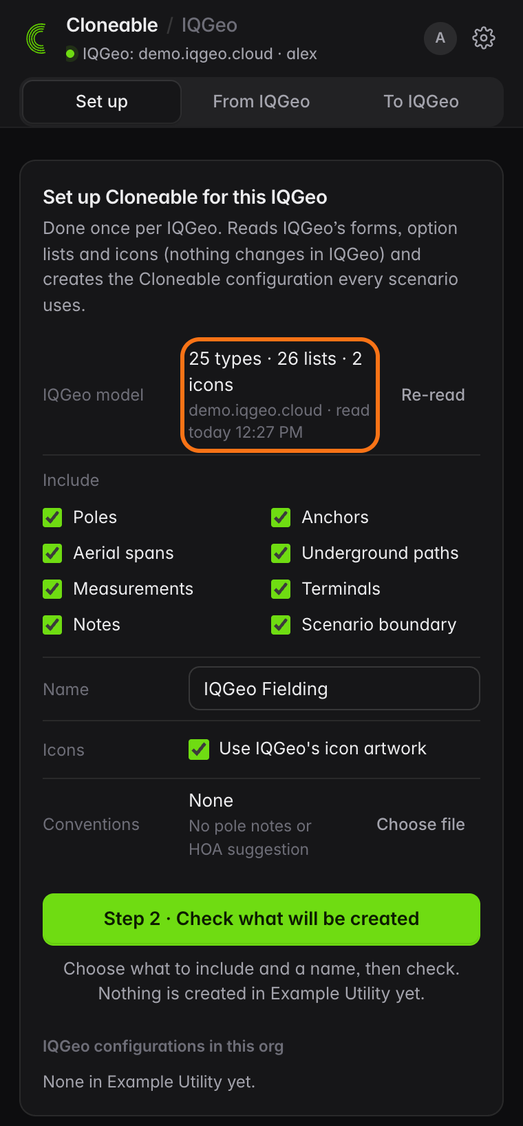 Set up tab after reading the IQGeo model, showing the counts of types, option lists and icons, the feature types to include, the name and the icon option