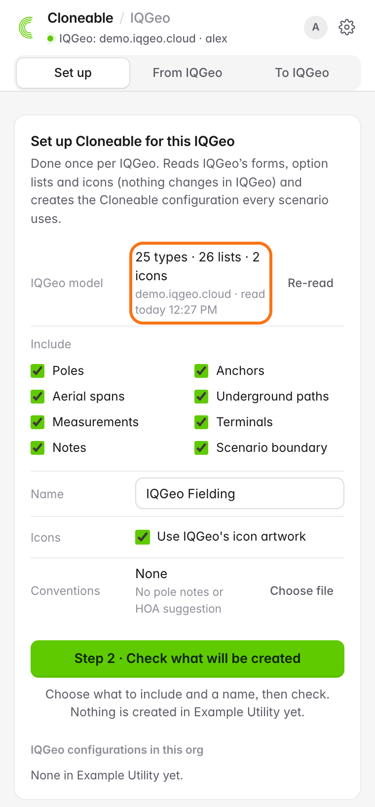 Set up tab after reading the IQGeo model, showing the counts of types, option lists and icons, the feature types to include, the name and the icon option