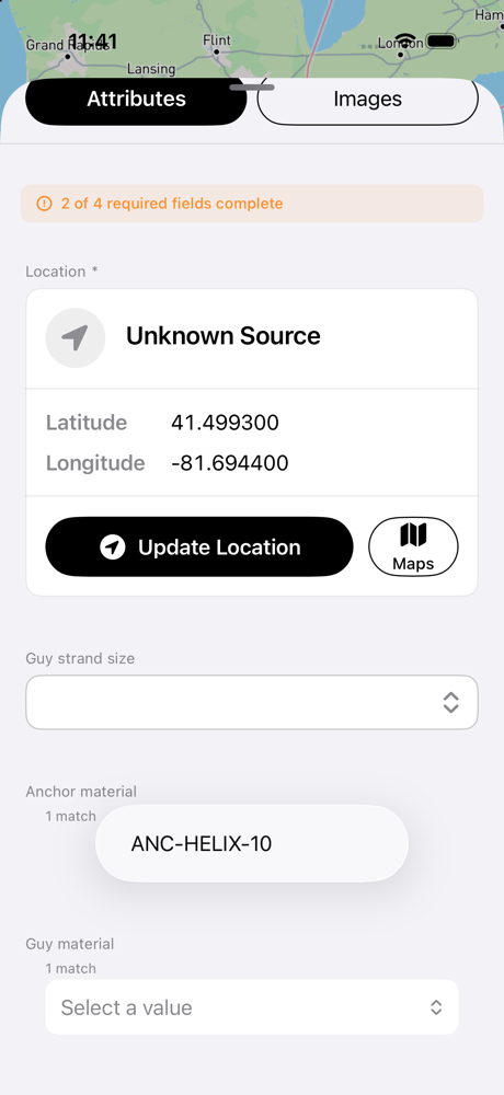Anchor material picker on iOS listing one option