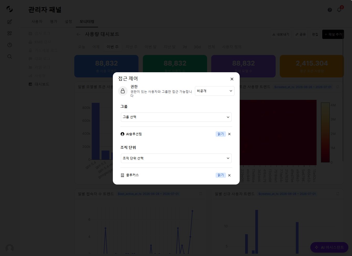 접근 제어 모달 — 권한(공개/비공개), 그룹, 조직 단위