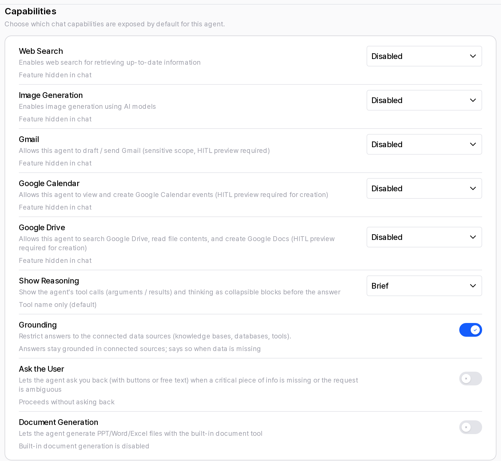 Agent capability settings