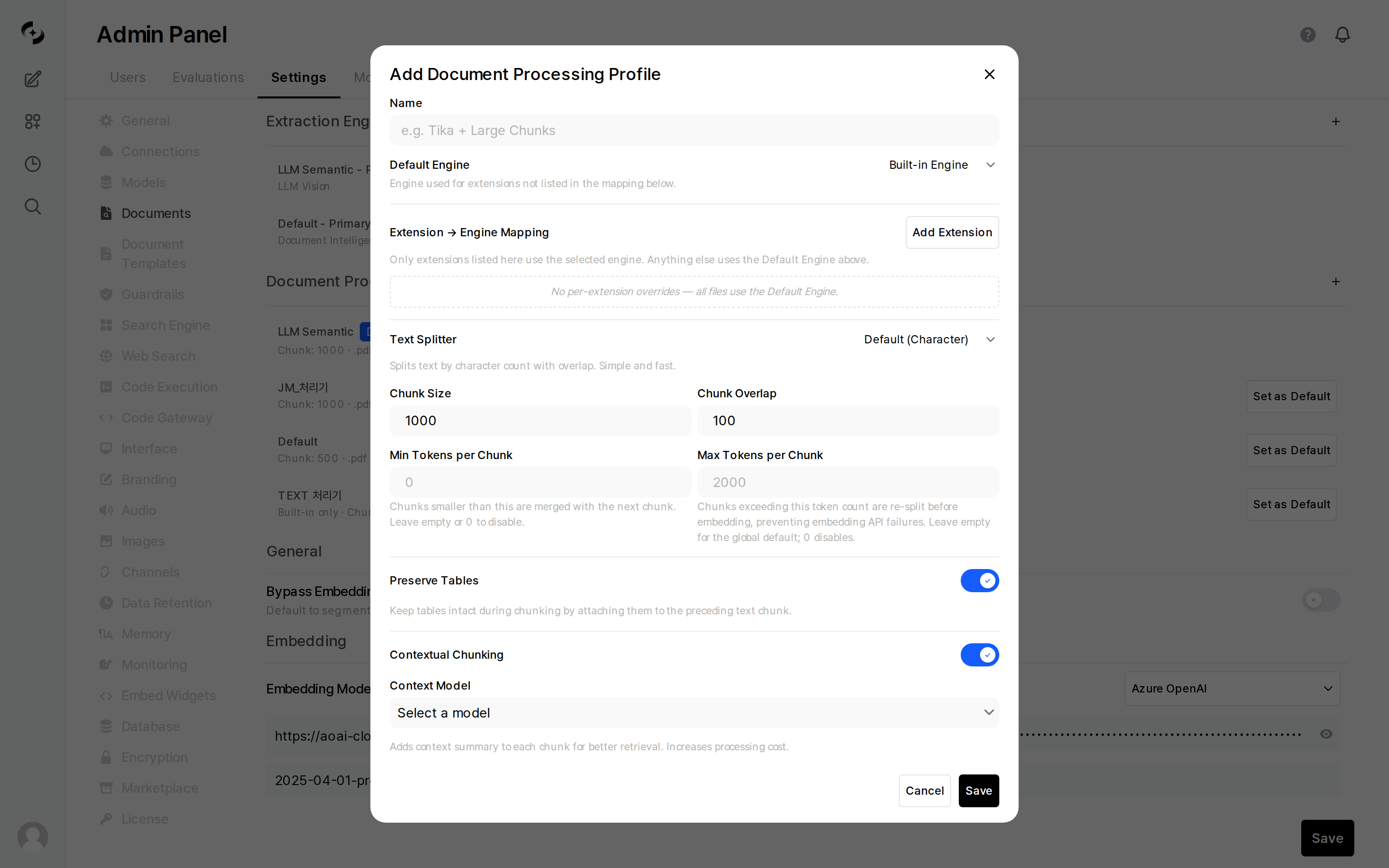 Add document processing profile modal