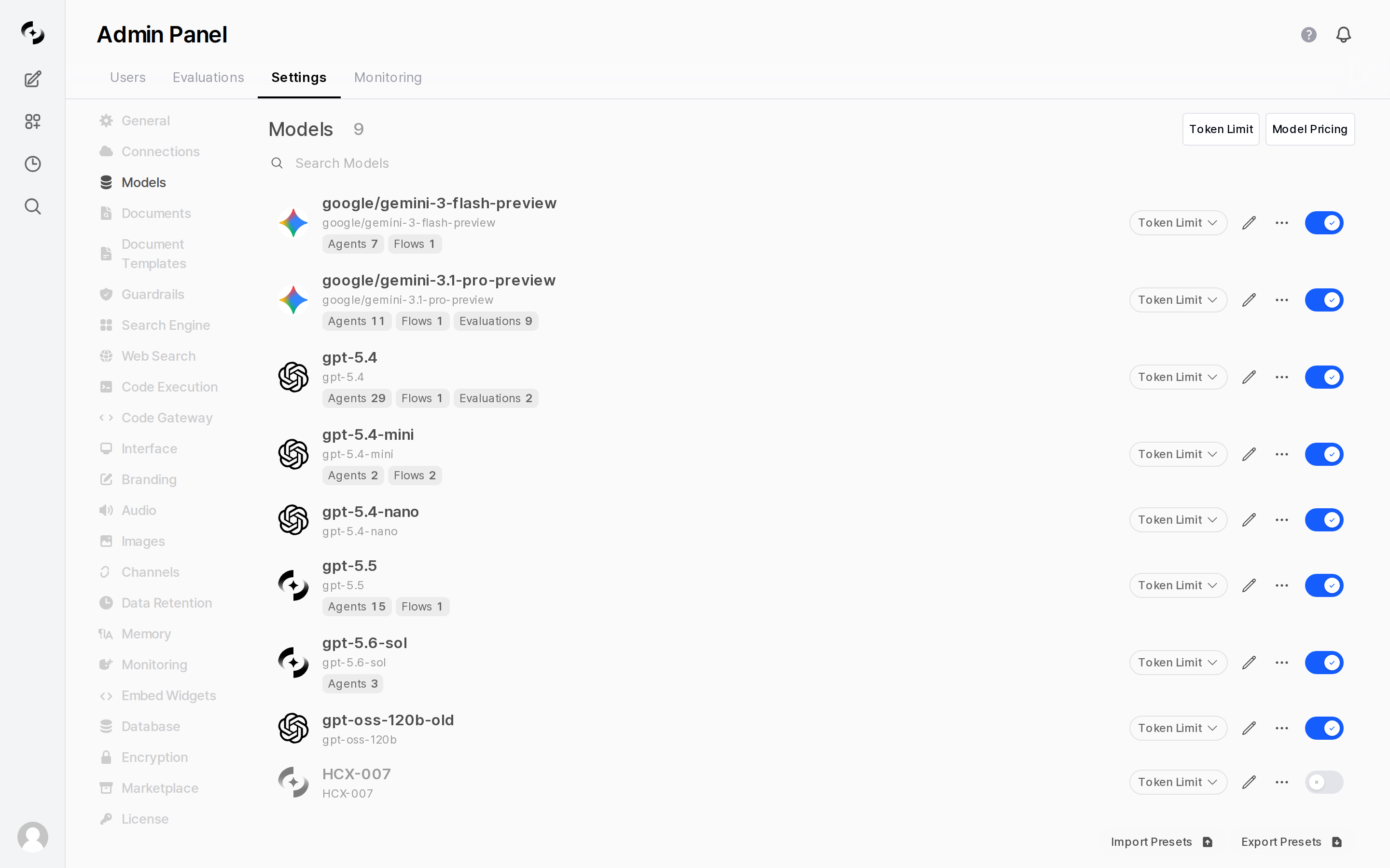 Model management tab