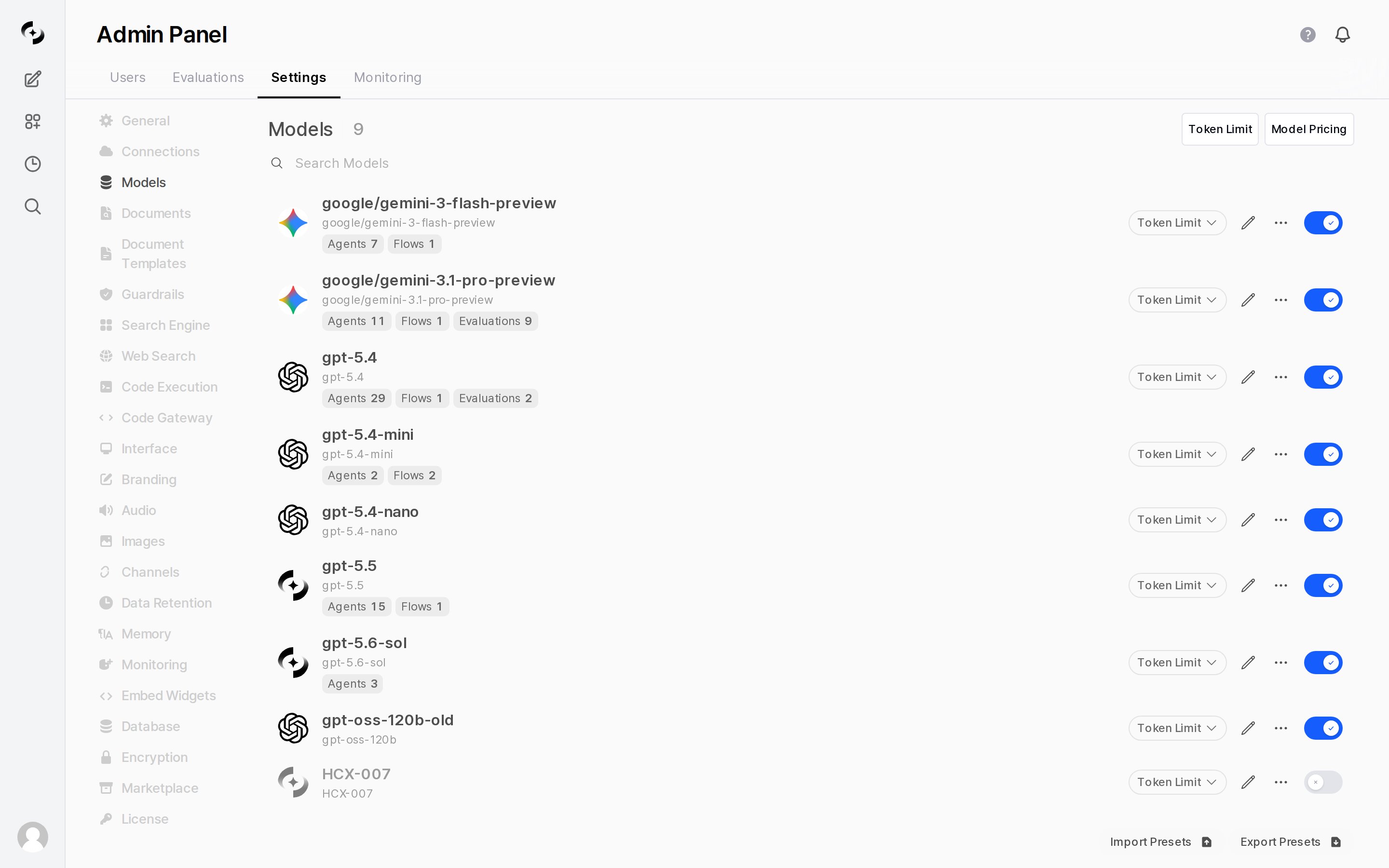 Model management tab