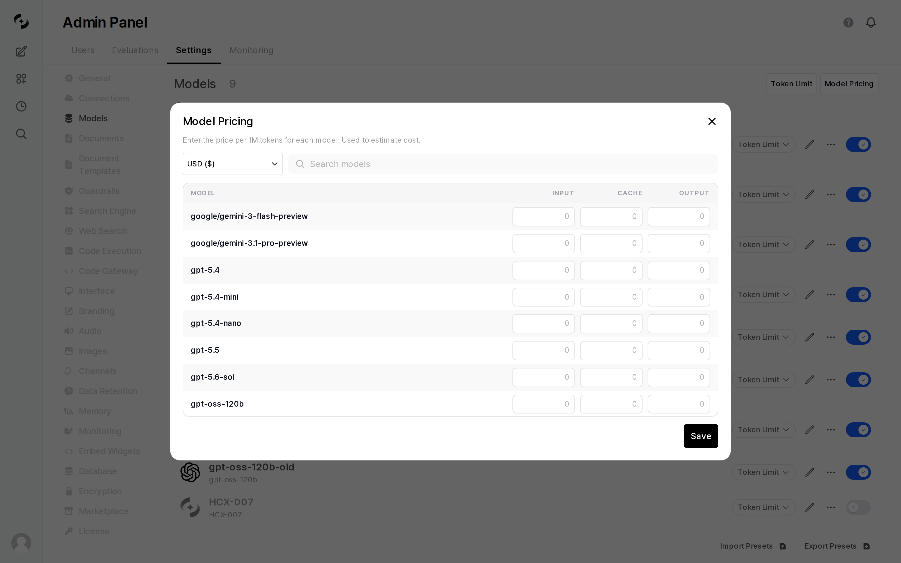 Model pricing modal