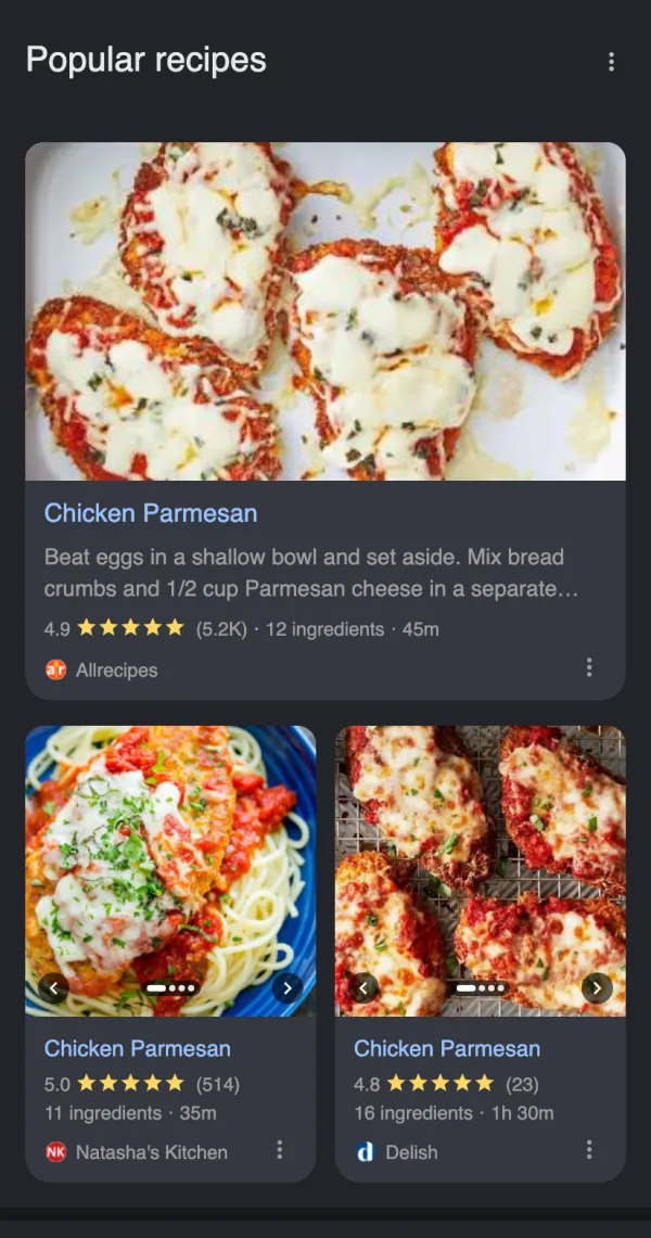 Recipe list on the US mobile Google SERP