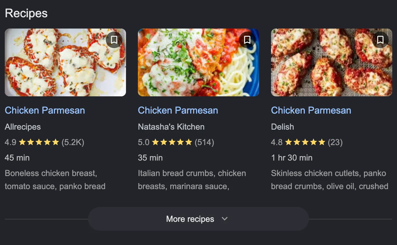 Recipes carousel on the Google SERP