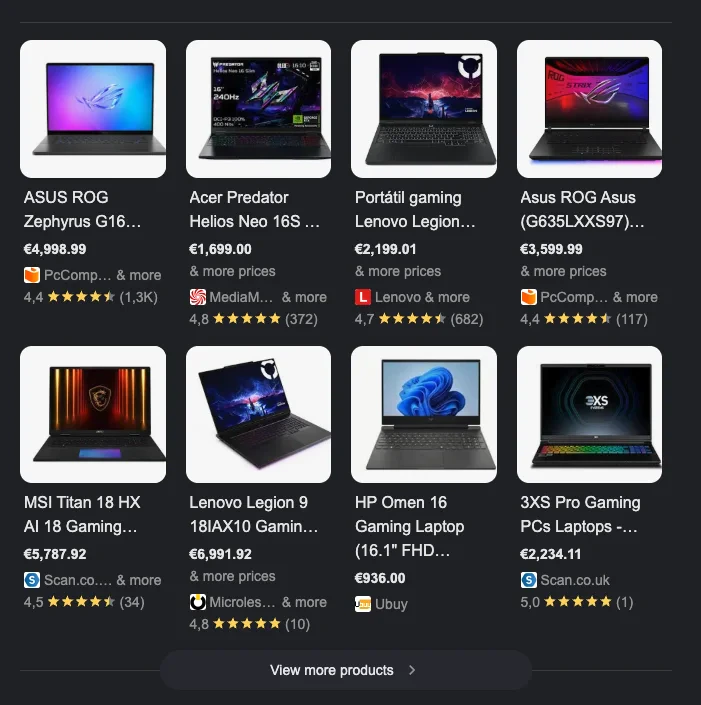 Shopping cards on the Google SERP