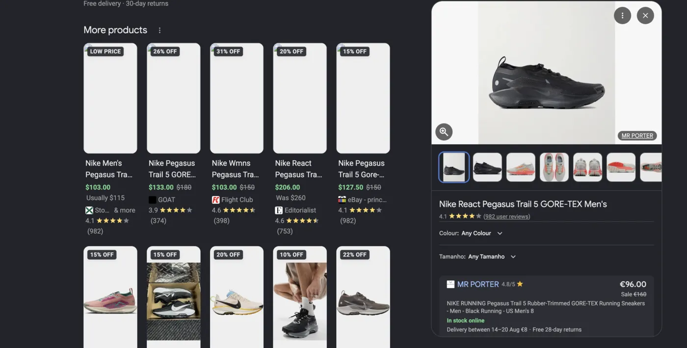 Google product panel opened from a More products shopping card