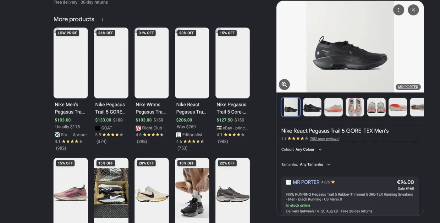 Google product panel opened from a More products shopping card