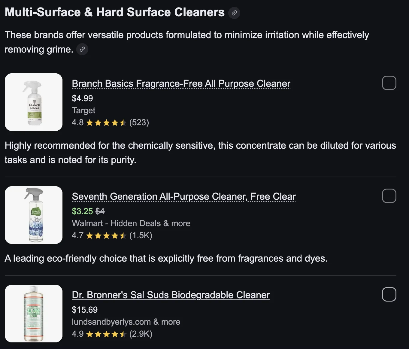 Shopping cards in AI Mode