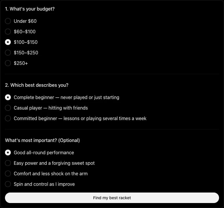 ChatGPT form with three questions about budget, experience and priority, each with radio options, and a Find my best racket button