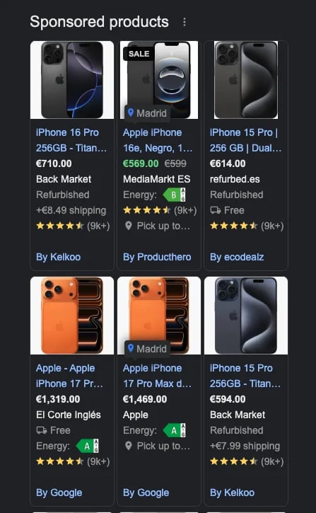 Sponsored products carousel on the Google SERP