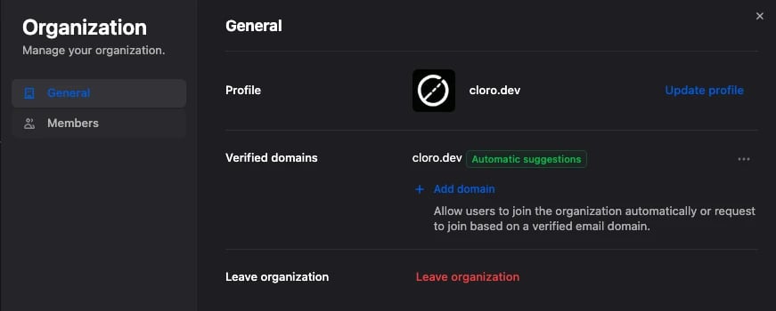 Organization settings General tab, showing the profile, verified domains, and leave organization options