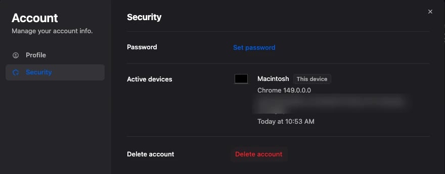 Account settings Security tab, showing password, active devices, and the Delete account button