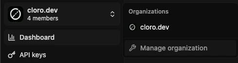 Organization switcher open, showing the organization list and the Manage organization option