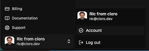 Dashboard sidebar user menu open, showing the Account and Log out options