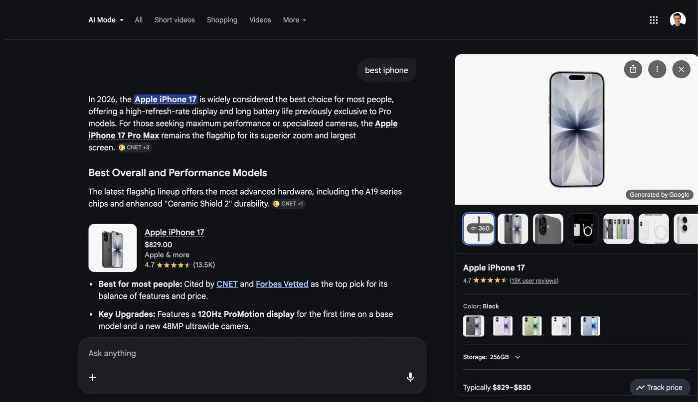 Product viewer opened from an AI Mode product