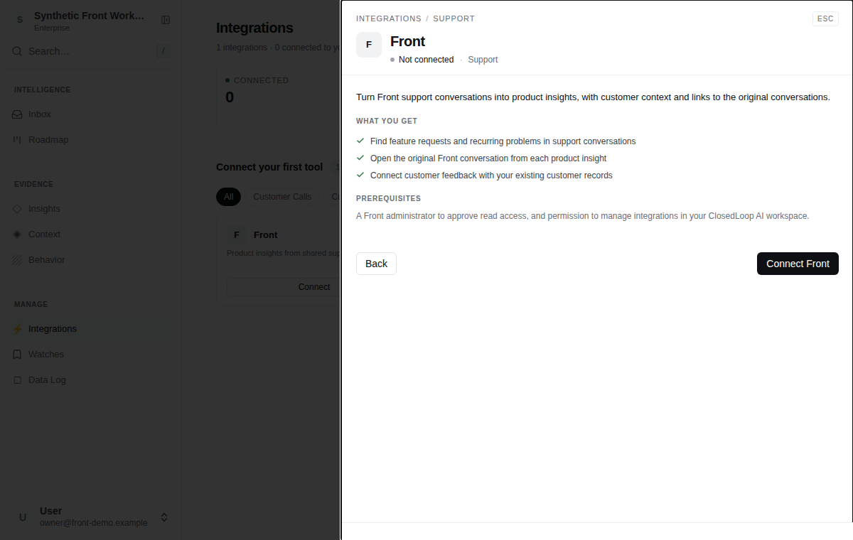 Connect Front from Integrations in an example workspace