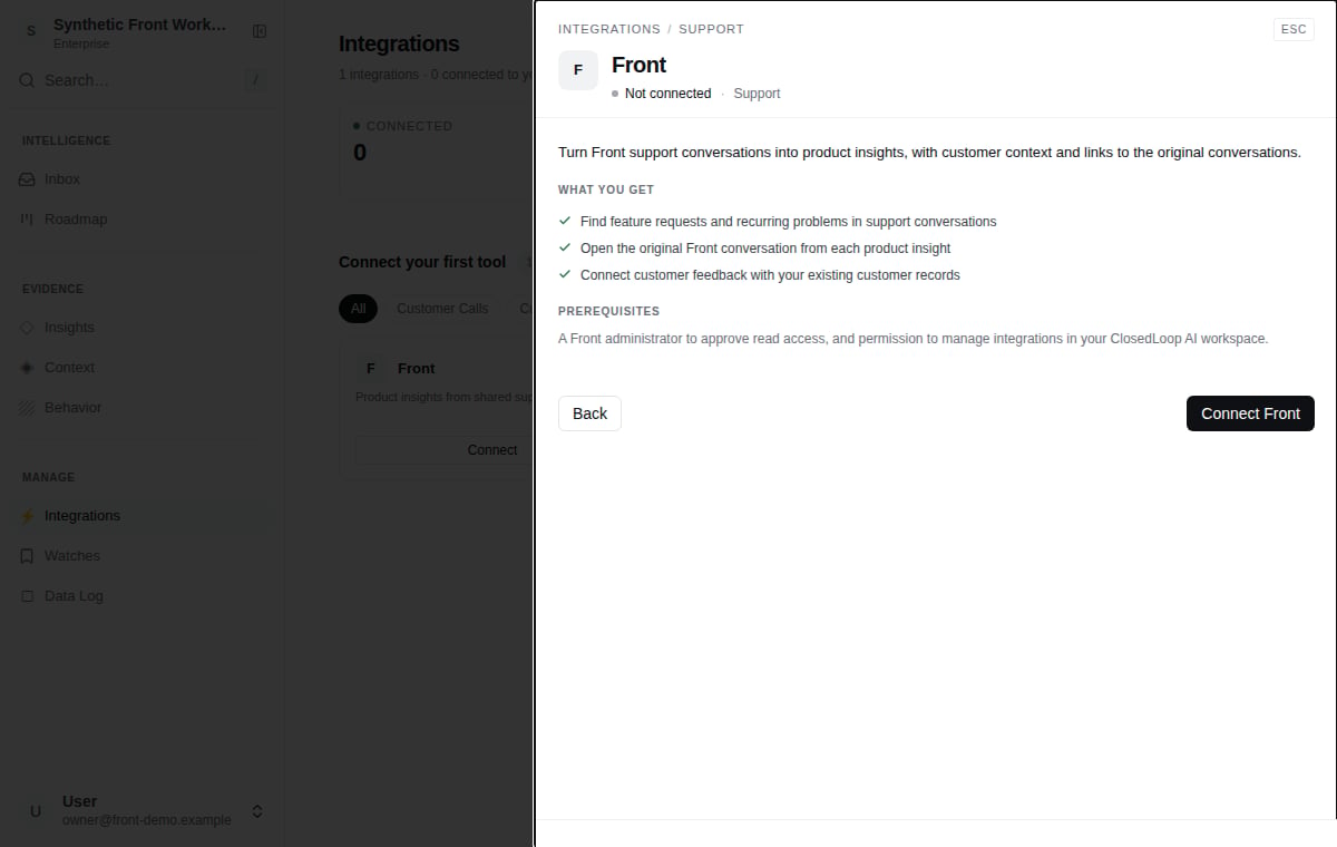 Connect Front from Integrations in an example workspace