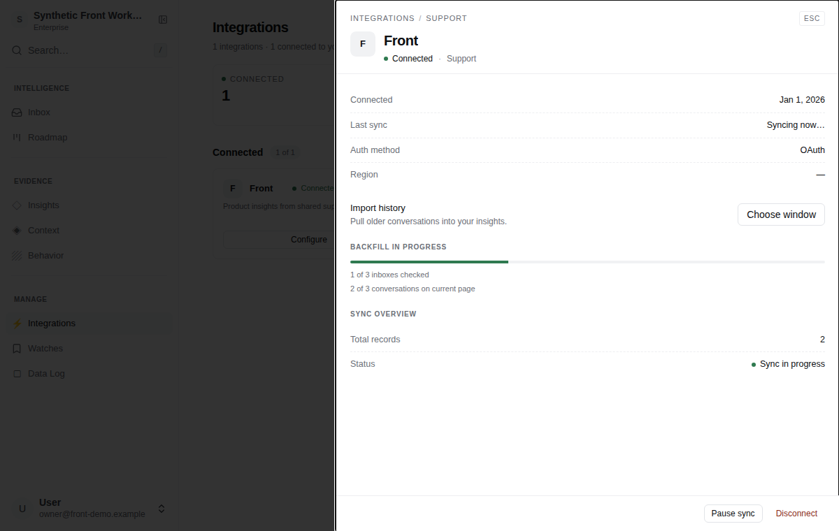 Front history import and connection controls in an example workspace