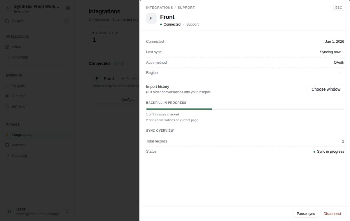 Front history import and connection controls in an example workspace
