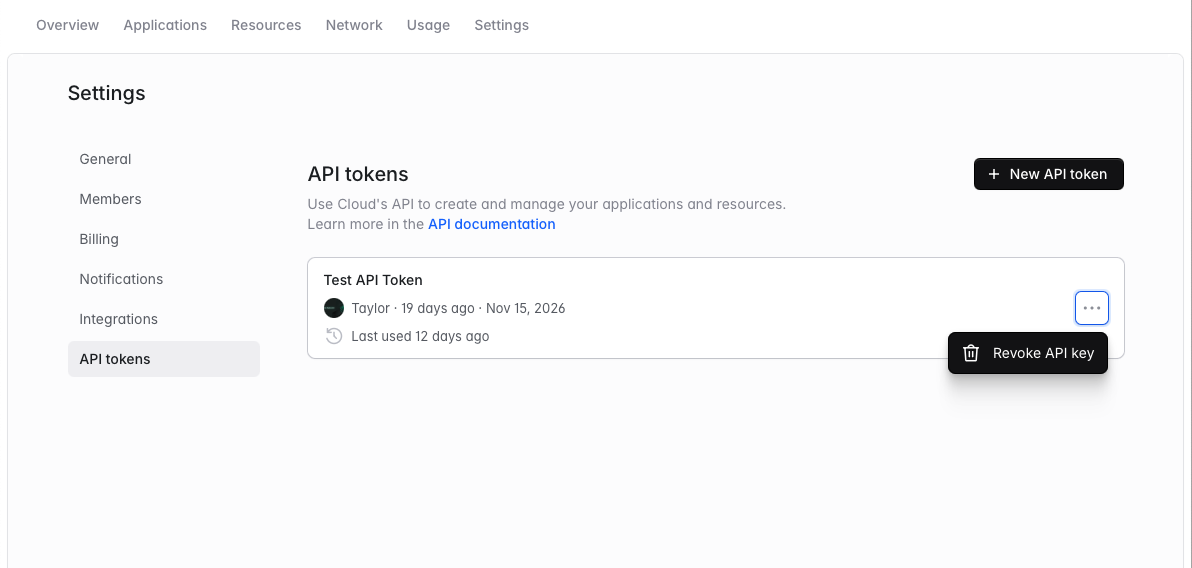 API Tokens management interface in Laravel Cloud settings