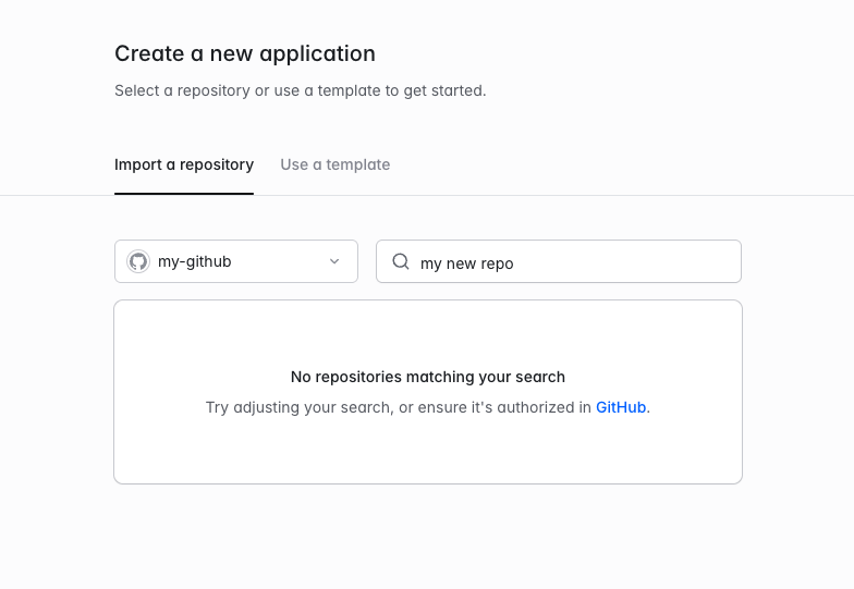 Import a repository search with no matching repositories and a link to check GitHub authorization