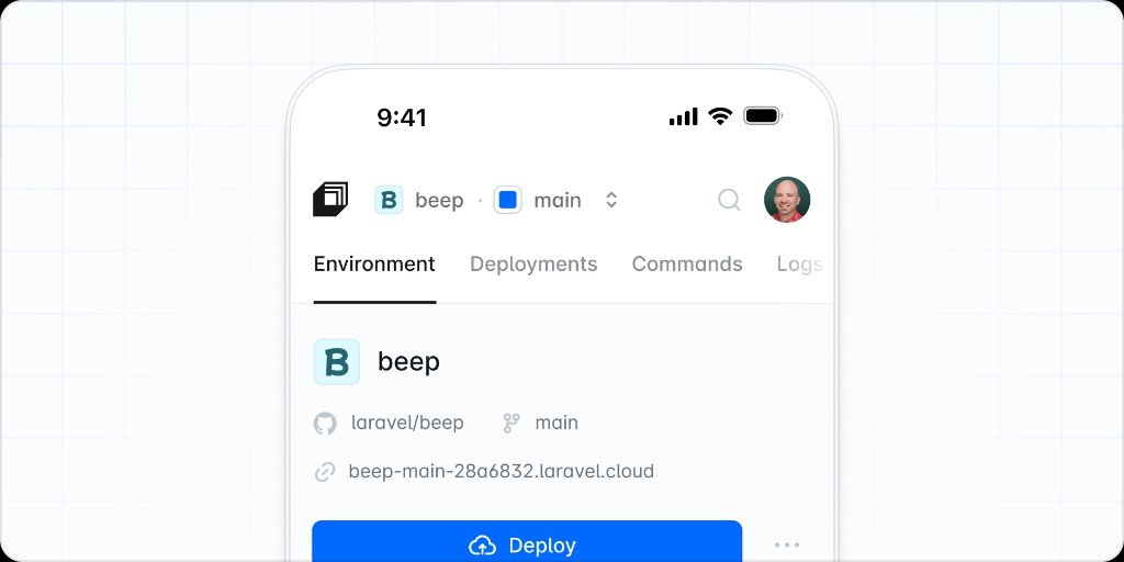 Laravel Cloud on a phone: environment overview with project, repository, and Deploy