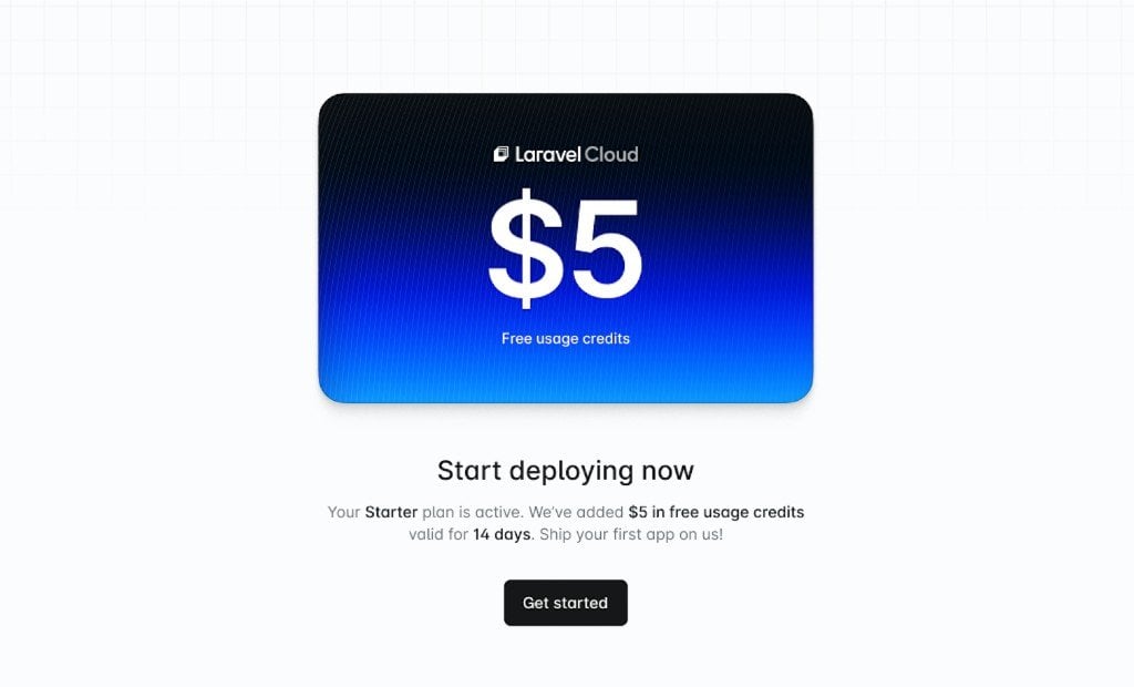 Laravel Cloud promotion showing $5 in free usage credits for the Starter plan with a Get started button.
