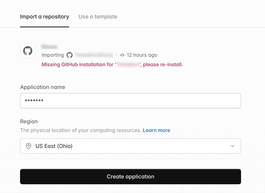 Create application form showing Missing GitHub installation error in red