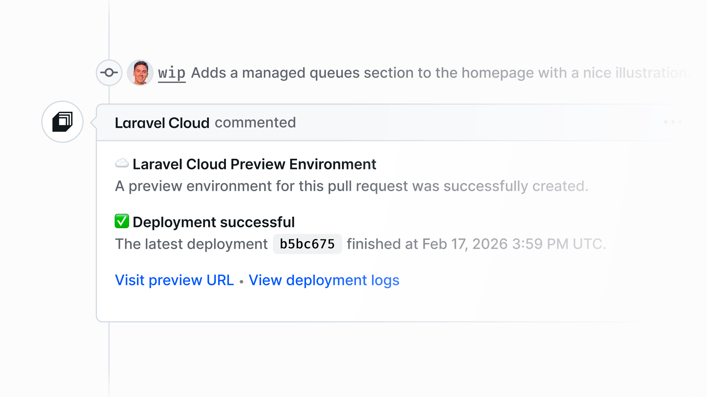 A Laravel Cloud comment on a pull request confirming the preview environment deployed successfully, with links to visit the preview and view deployment logs