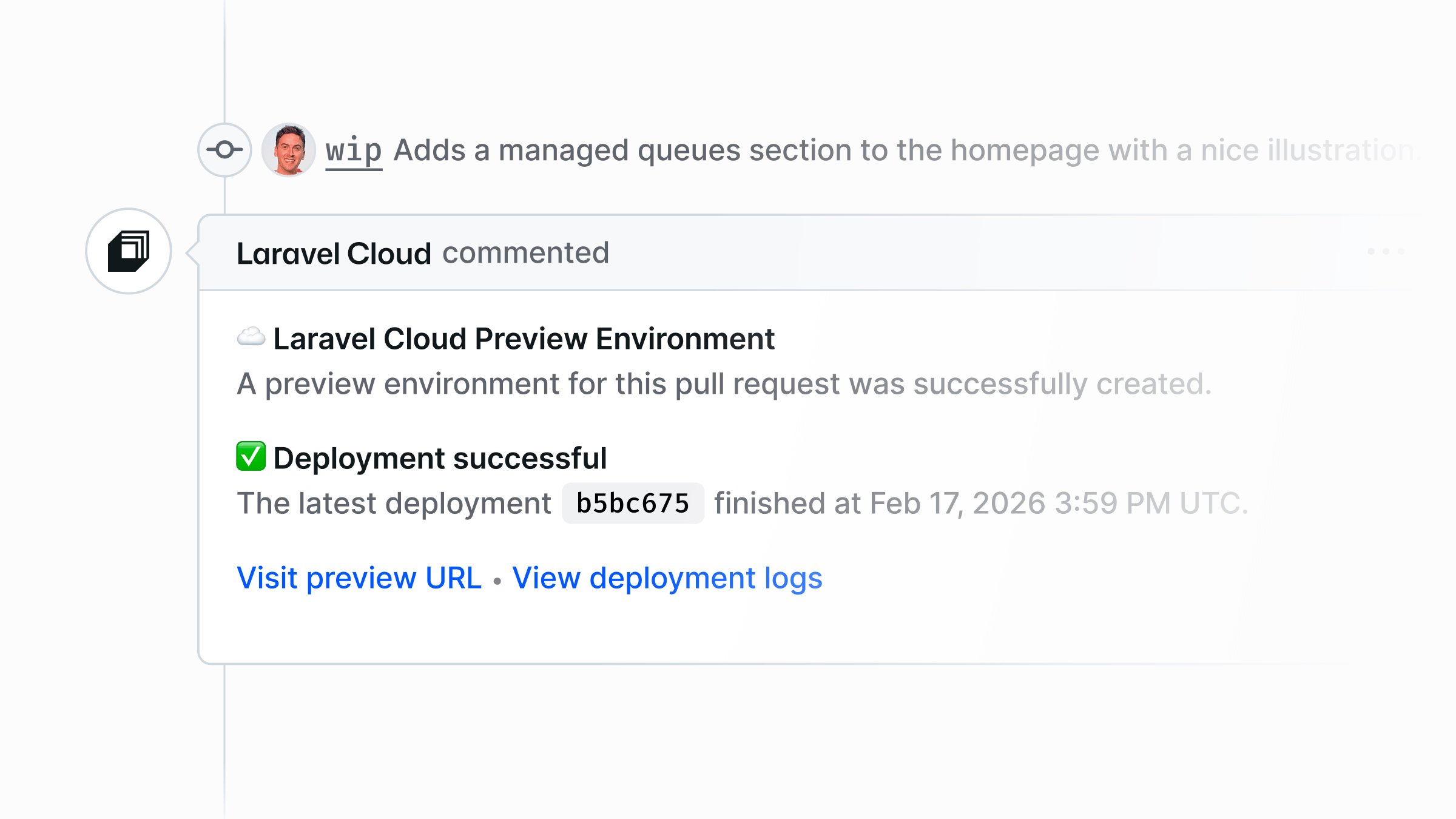 A Laravel Cloud comment on a pull request confirming the preview environment deployed successfully, with links to visit the preview and view deployment logs