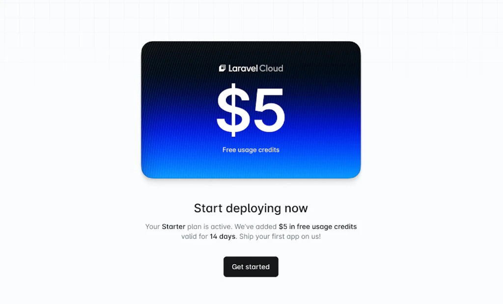 Laravel Cloud promotion showing $5 in free usage credits for the Starter plan with a Get started button.