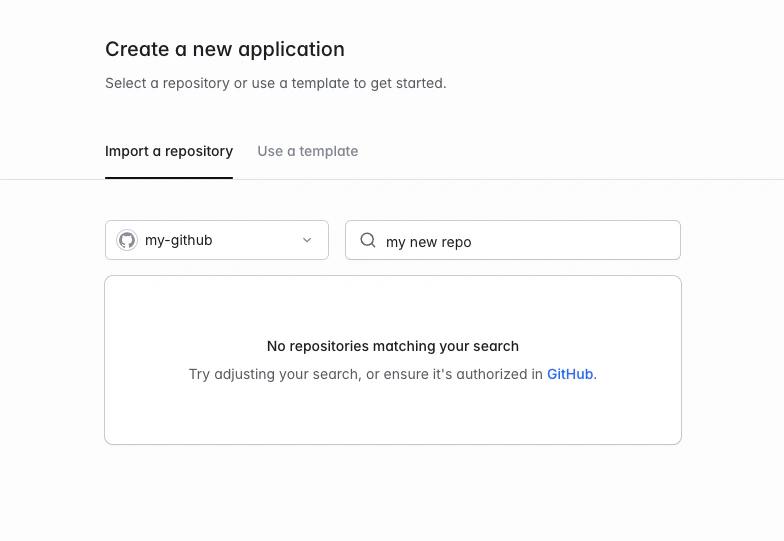 Import a repository search with no matching repositories and a link to check GitHub authorization