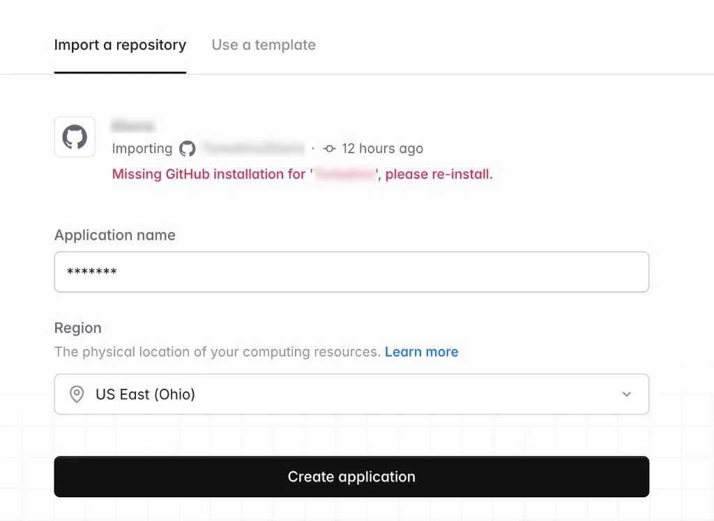 Create application form showing Missing GitHub installation error in red