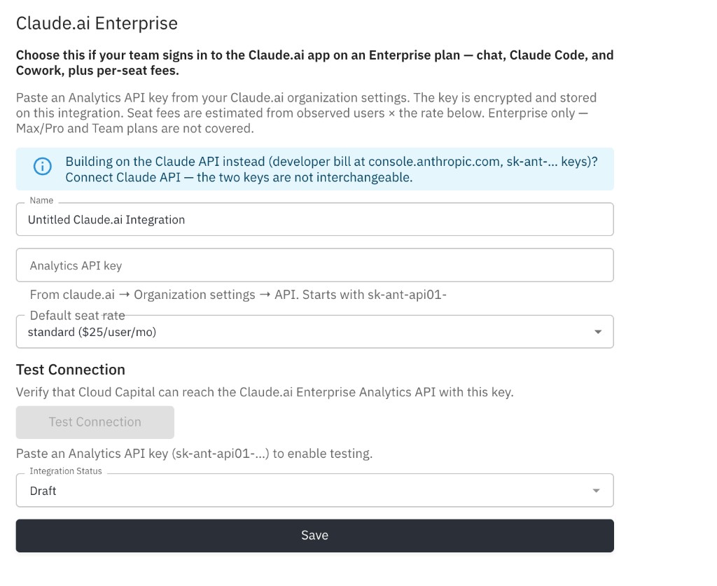Claude.ai Enterprise Integration Settings with Analytics API key and default seat rate fields